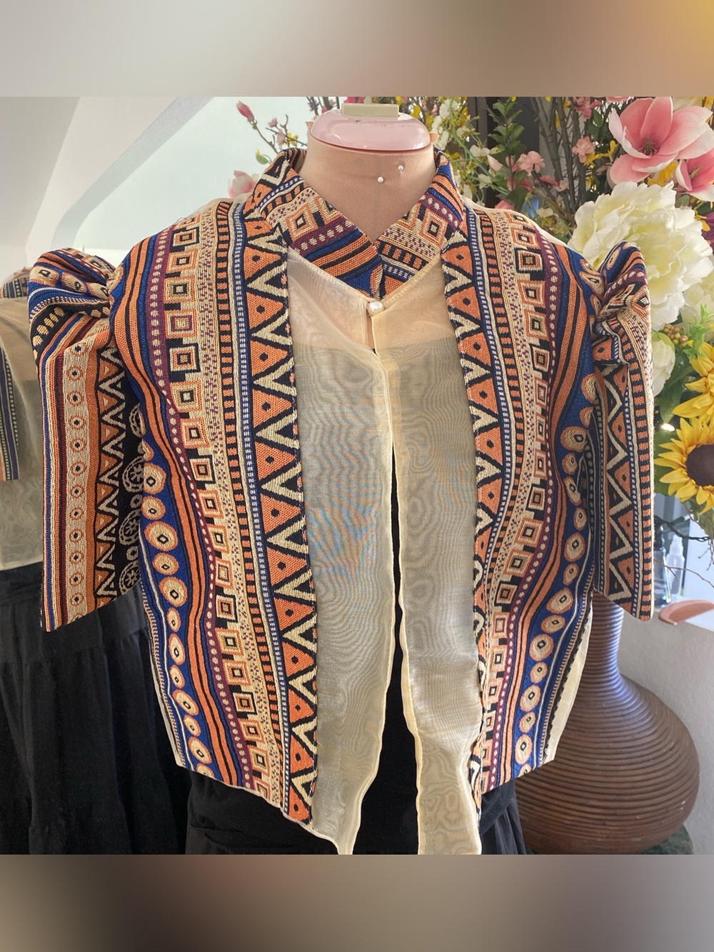 Filipiniana Bolero XL Geometric Open-Front Short Jacket in Navy & Peach